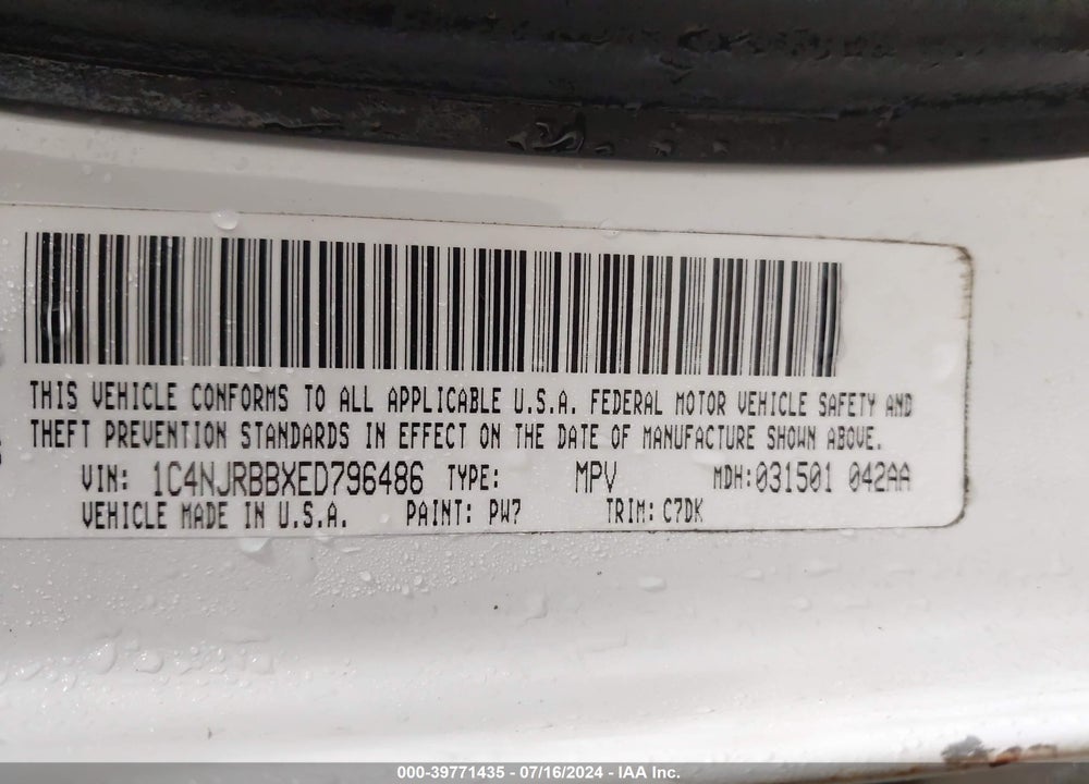 2014 JEEP PATRIOT SPORT VIN: 1C4NJRBBXED796486