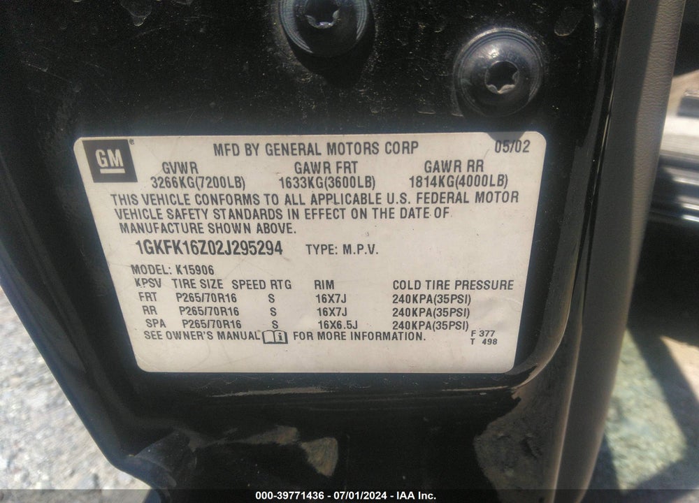 2002 GMC YUKON XL 1500 SLT VIN: 1GKFK16Z02J295294