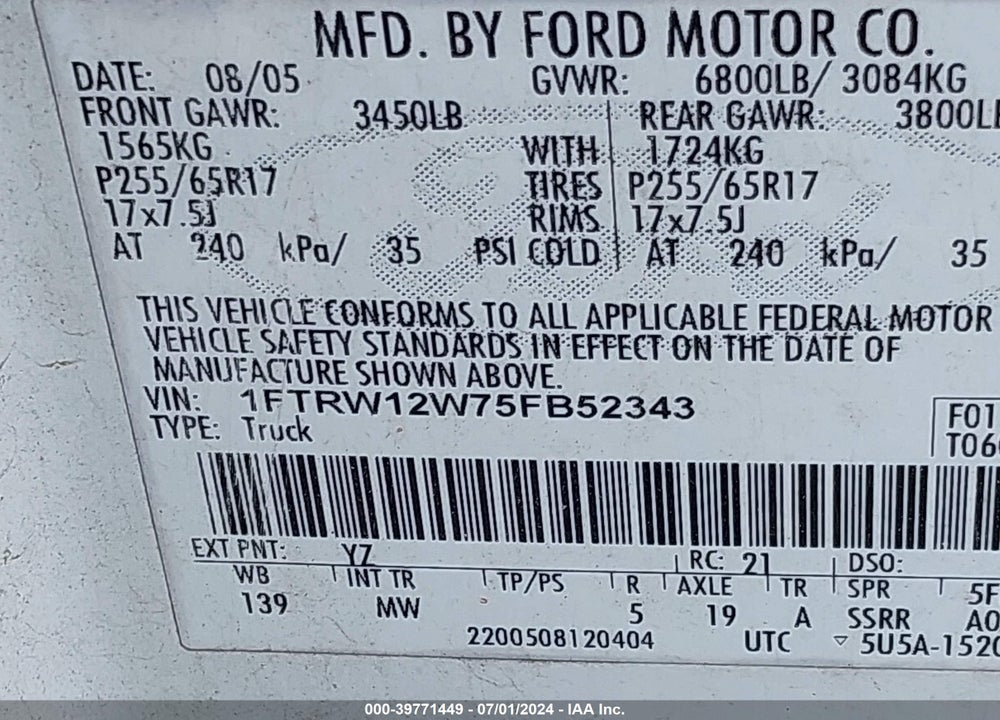 2005 FORD F-150 XLT VIN: 1FTRW12W75FB52343