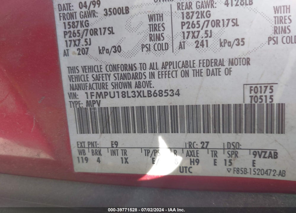 1999 FORD EXPEDITION EDDIE BAUER/XLT VIN: 1FMPU18L3XLB68534