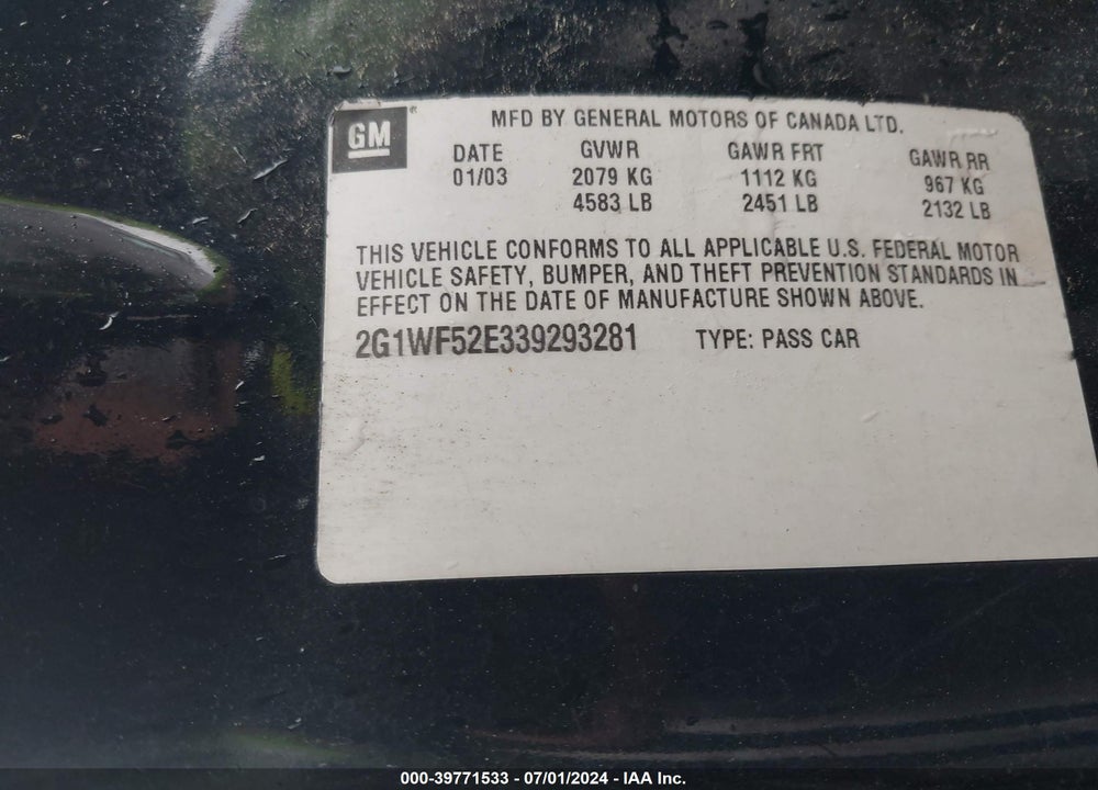 2003 CHEVROLET IMPALA VIN: 2G1WF52E339293281