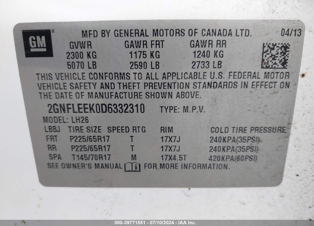 2013 CHEVROLET EQUINOX 1LT VIN: 2GNFLEEK0D6332310