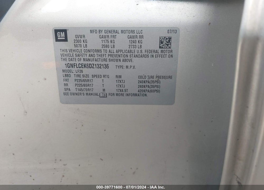 2013 CHEVROLET EQUINOX LS VIN: 1GNFLCEK6DZ132136