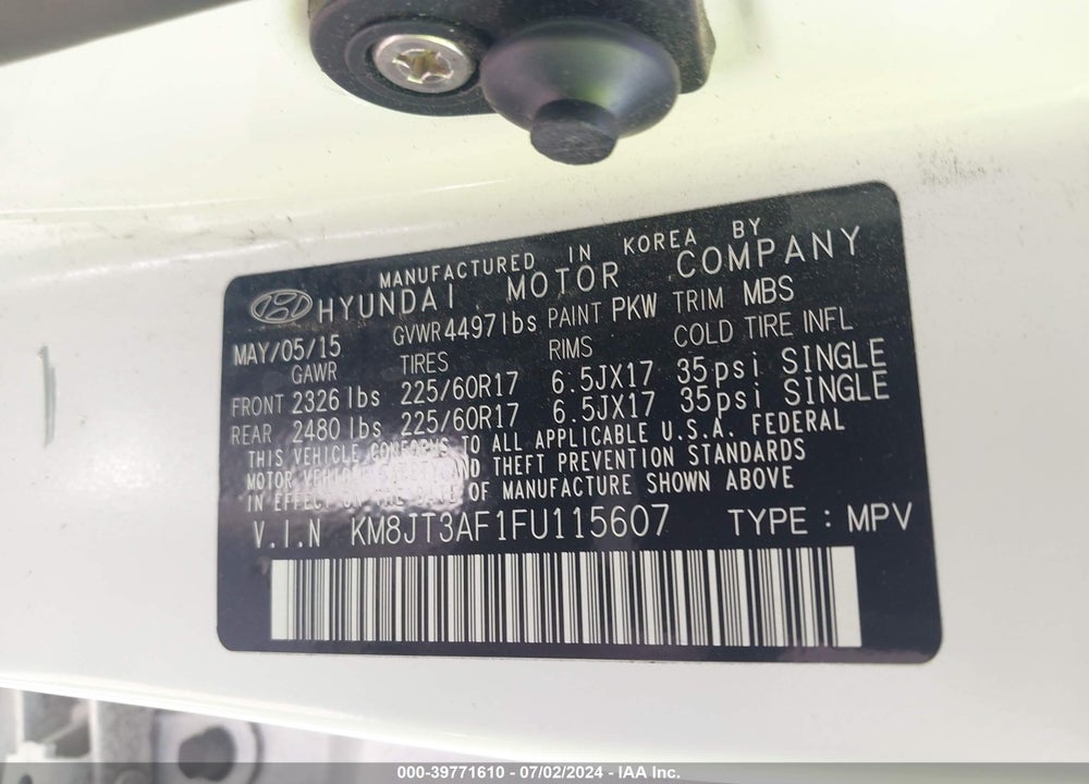 2015 HYUNDAI TUCSON GLS VIN: KM8JT3AF1FU115607