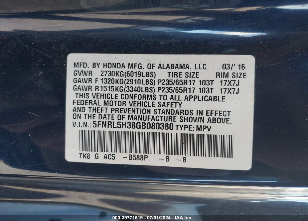 2016 HONDA ODYSSEY SE VIN: 5FNRL5H38GB080380