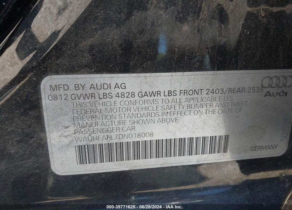 2013 AUDI A4 2.0T PREMIUM VIN: WAUHFAFL7DN018008