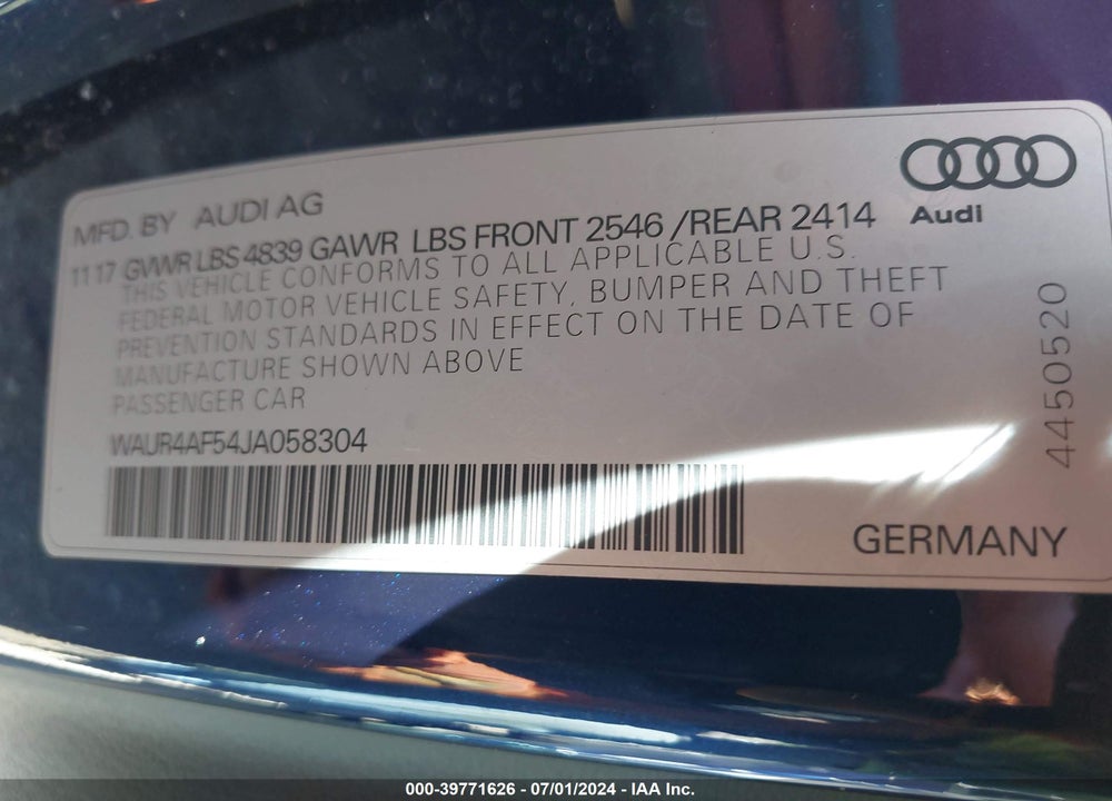 2018 AUDI S5 3.0T PREMIUM PLUS VIN: WAUR4AF54JA058304