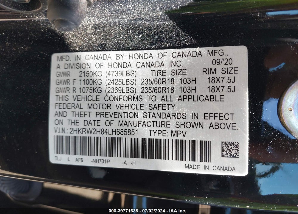 2020 HONDA CR-V AWD EX-L VIN: 2HKRW2H84LH685851