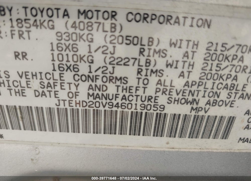 2004 TOYOTA RAV4 VIN: JTEHD20V946019059