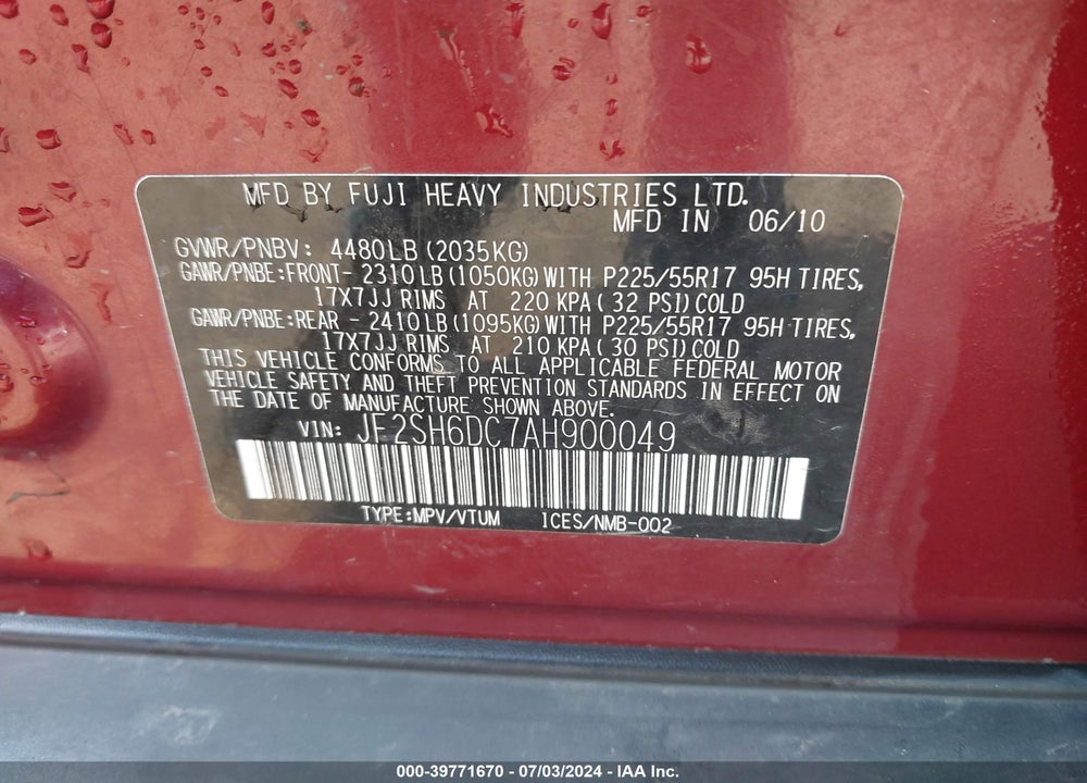 2010 SUBARU FORESTER 2.5X LIMITED VIN: JF2SH6DC7AH900049