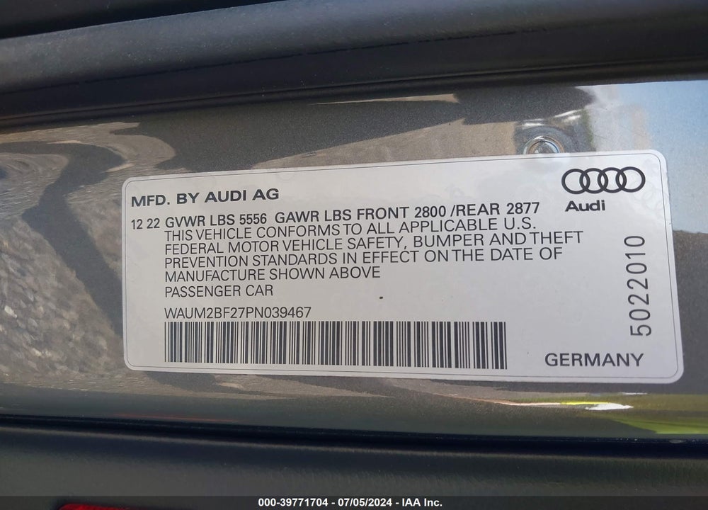 2023 AUDI A6 PRESTIGE 55 TFSI QUATTRO S TRONIC VIN: WAUM2BF27PN039467
