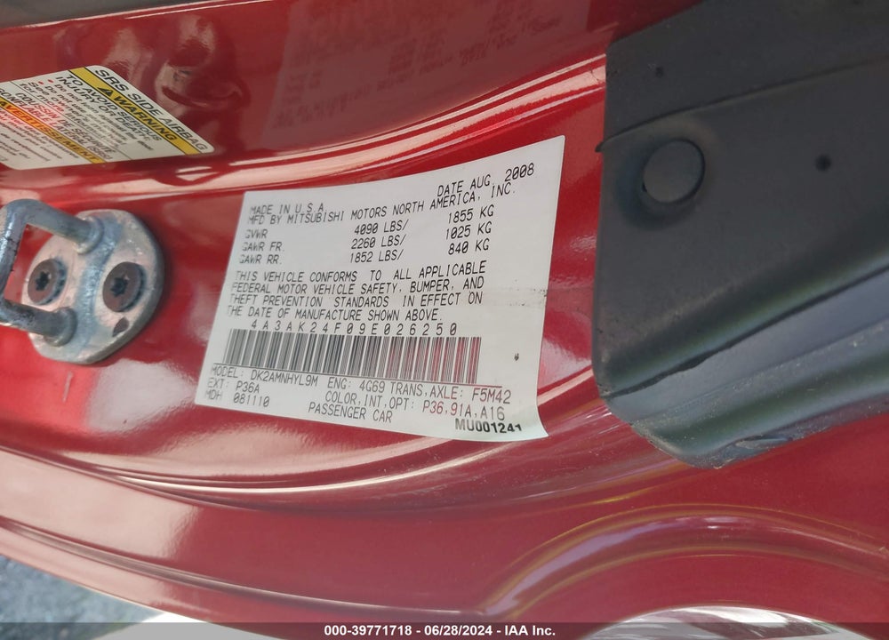 2009 MITSUBISHI ECLIPSE GS VIN: 4A3AK24F09E026250