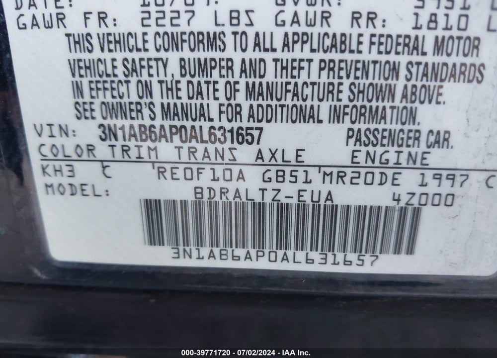2010 NISSAN SENTRA 2.0S VIN: 3N1AB6AP0AL631657