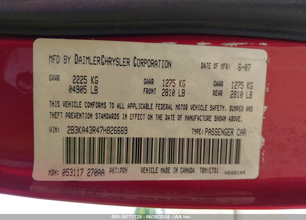 2007 DODGE CHARGER VIN: 2B3KA43R47H826669