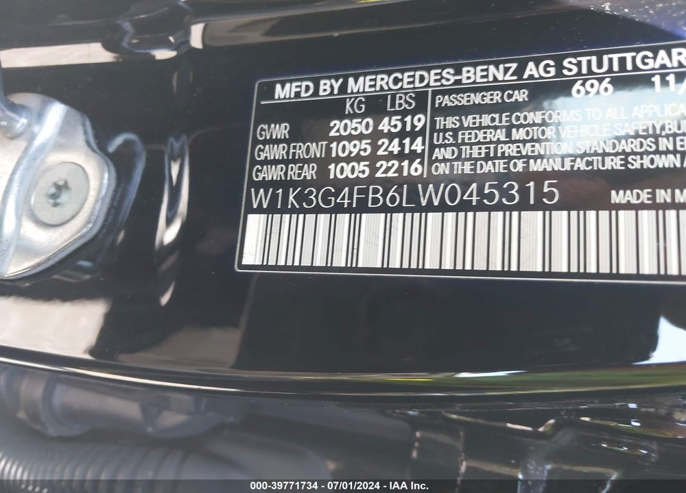 2020 MERCEDES-BENZ A 220 4MATIC VIN: W1K3G4FB6LW045315
