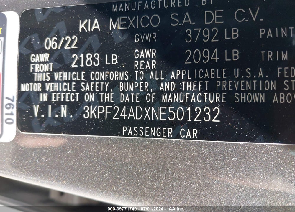 2022 KIA FORTE LXS VIN: 3KPF24ADXNE501232