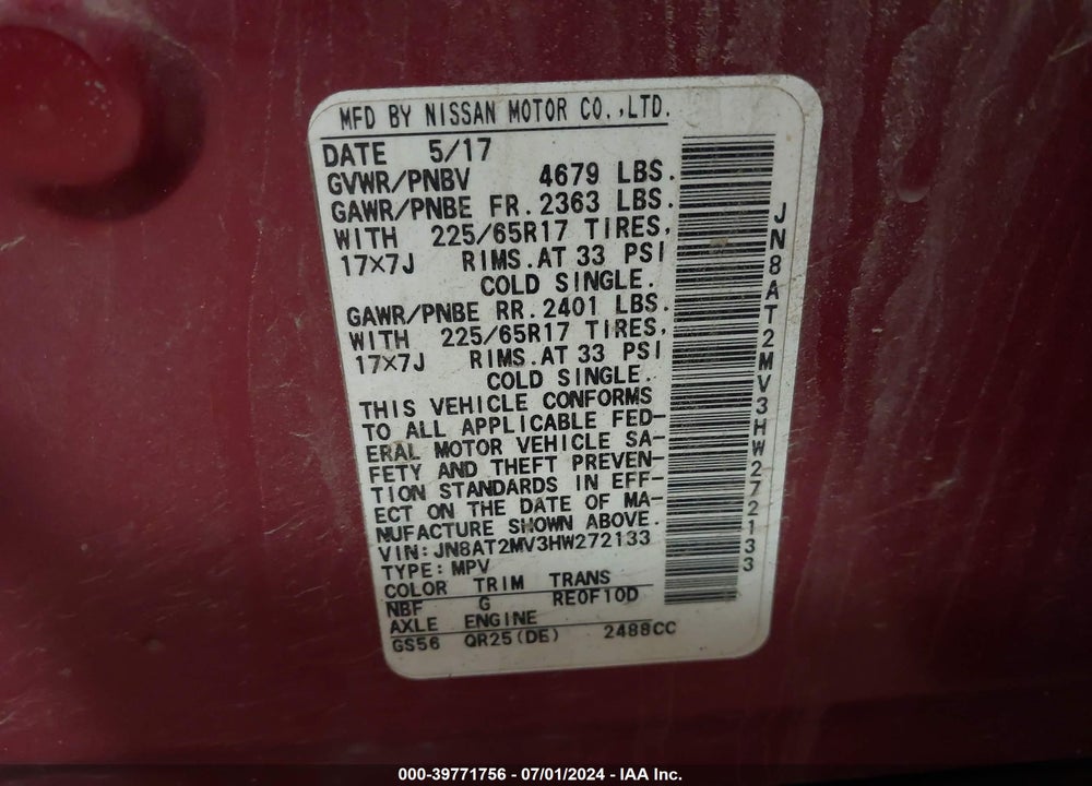2017 NISSAN ROGUE SV VIN: JN8AT2MV3HW272133