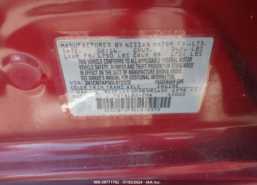 2016 NISSAN VERSA 1.6 S/1.6 S+/1.6 SL/1.6 SV VIN: 3N1CN7AP3GL872370