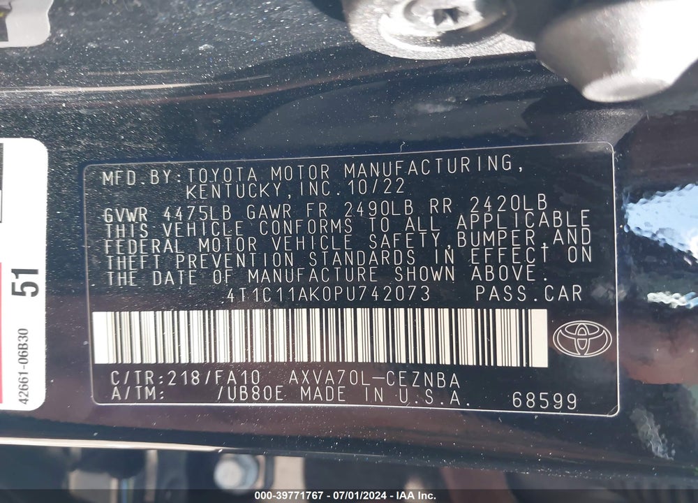 2023 TOYOTA CAMRY LE VIN: 4T1C11AK0PU742073