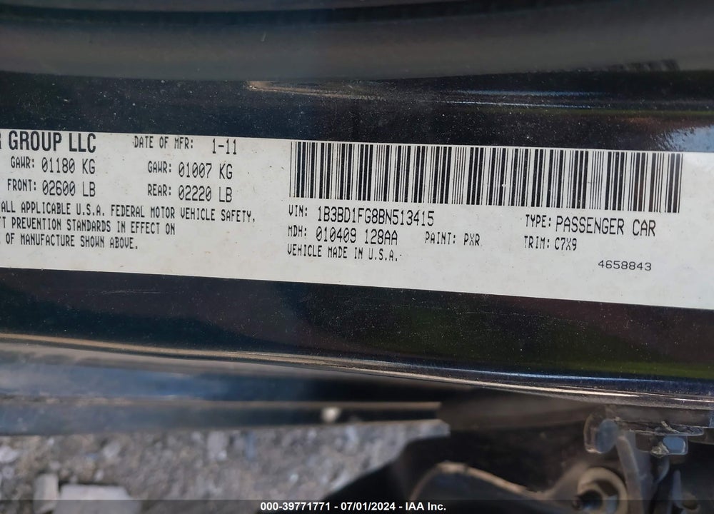 2011 DODGE AVENGER MAINSTREET VIN: 1B3BD1FG8BN513415