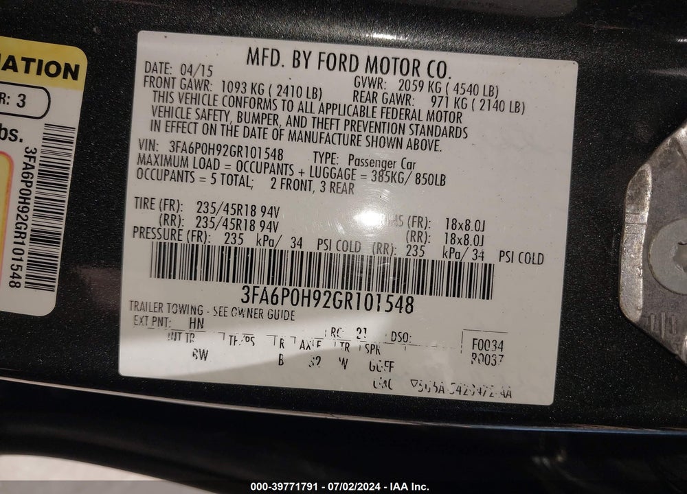 2016 FORD FUSION SE VIN: 3FA6P0H92GR101548