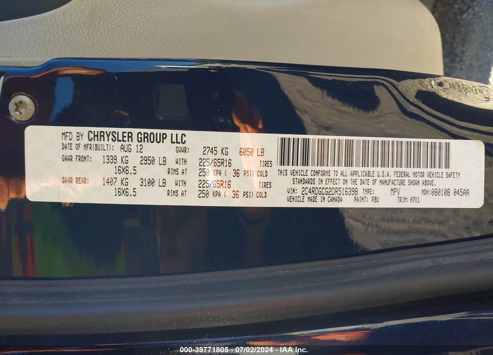 2013 DODGE GRAND CARAVAN SXT VIN: 2C4RDGCG2DR516398
