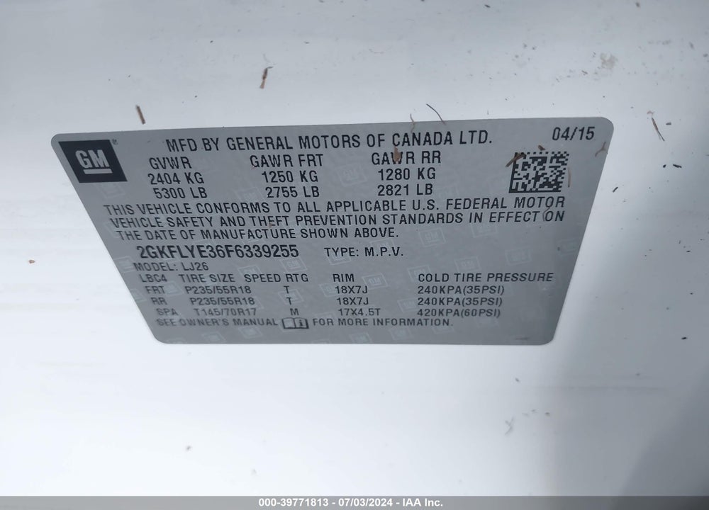 2015 GMC TERRAIN SLT-2 VIN: 2GKFLYE36F6339255