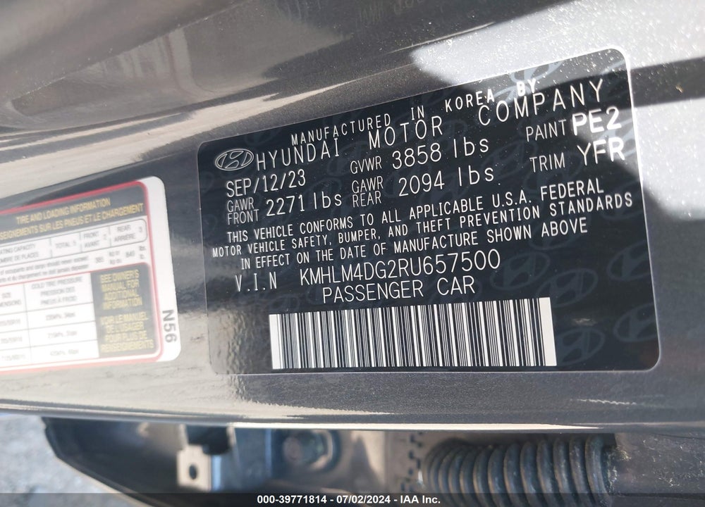 2024 HYUNDAI ELANTRA SEL VIN: KMHLM4DG2RU657500