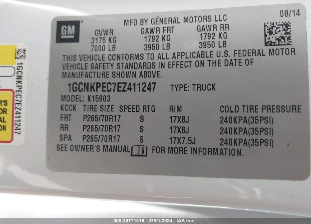 2014 CHEVROLET SILVERADO 1500 WORK TRUCK 1WT VIN: 1GCNKPEC7EZ411247
