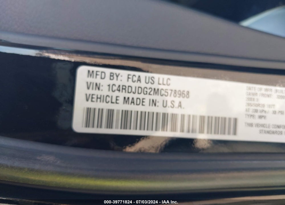 2021 DODGE DURANGO GT PLUS AWD VIN: 1C4RDJDG2MC578968