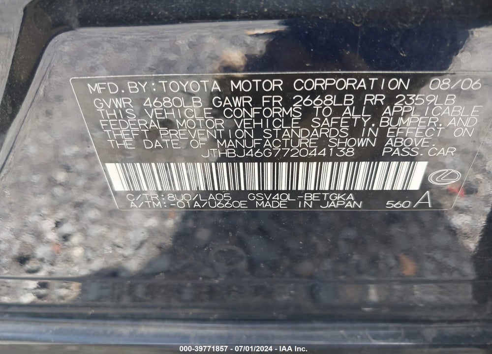 2007 LEXUS ES 350 VIN: JTHBJ46G772044138