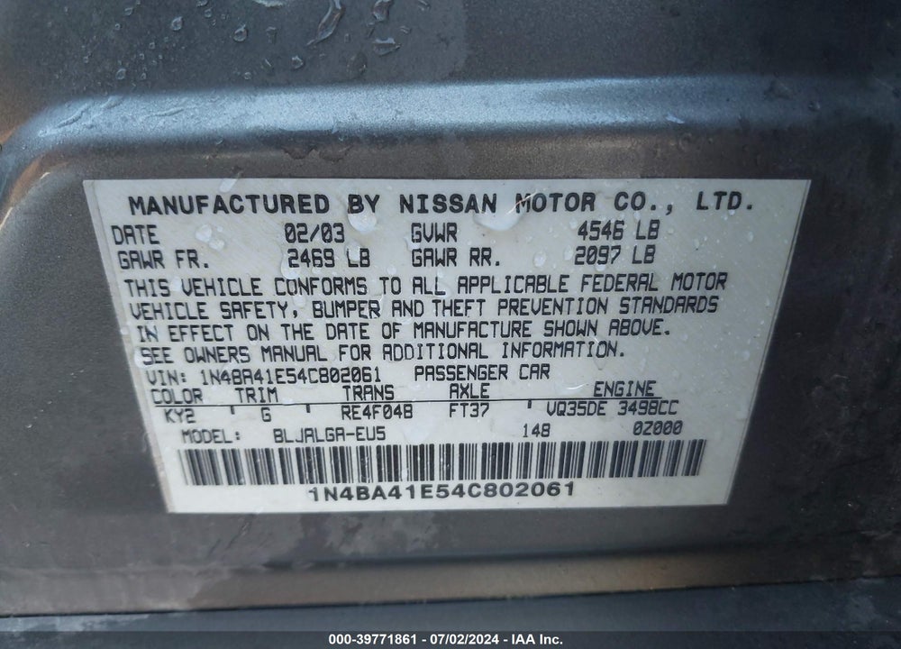 2004 NISSAN MAXIMA 3.5 SL VIN: 1N4BA41E54C802061