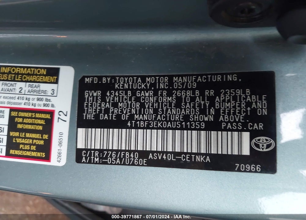 2010 TOYOTA CAMRY VIN: 4T1BF3EK0AU511359