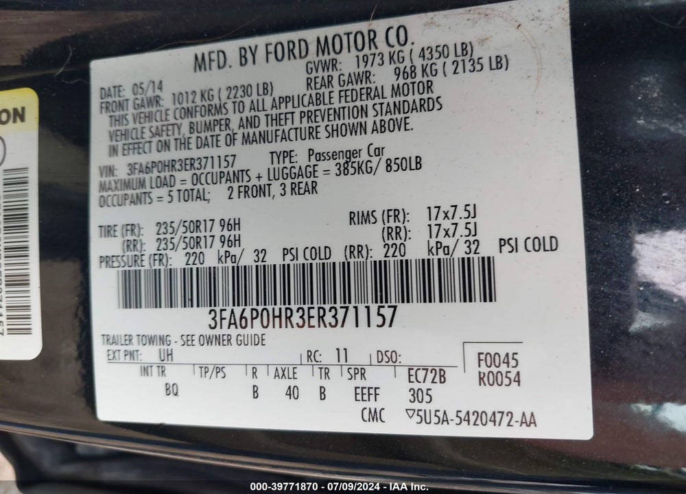 2014 FORD FUSION SE VIN: 3FA6P0HR3ER371157