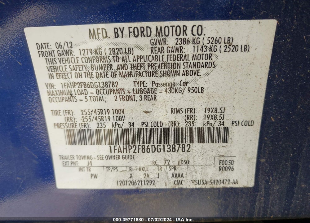 2013 FORD TAURUS LIMITED VIN: 1FAHP2F86DG138782