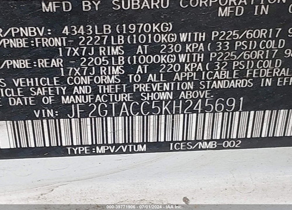 2019 SUBARU CROSSTREK 2.0I PREMIUM VIN: JF2GTACC5KH245691