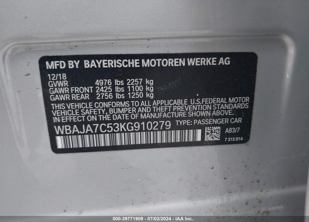 2019 BMW 530I XDRIVE VIN: WBAJA7C53KG910279