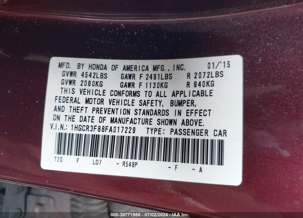 2015 HONDA ACCORD EX-L V-6 VIN: 1HGCR3F88FA017229