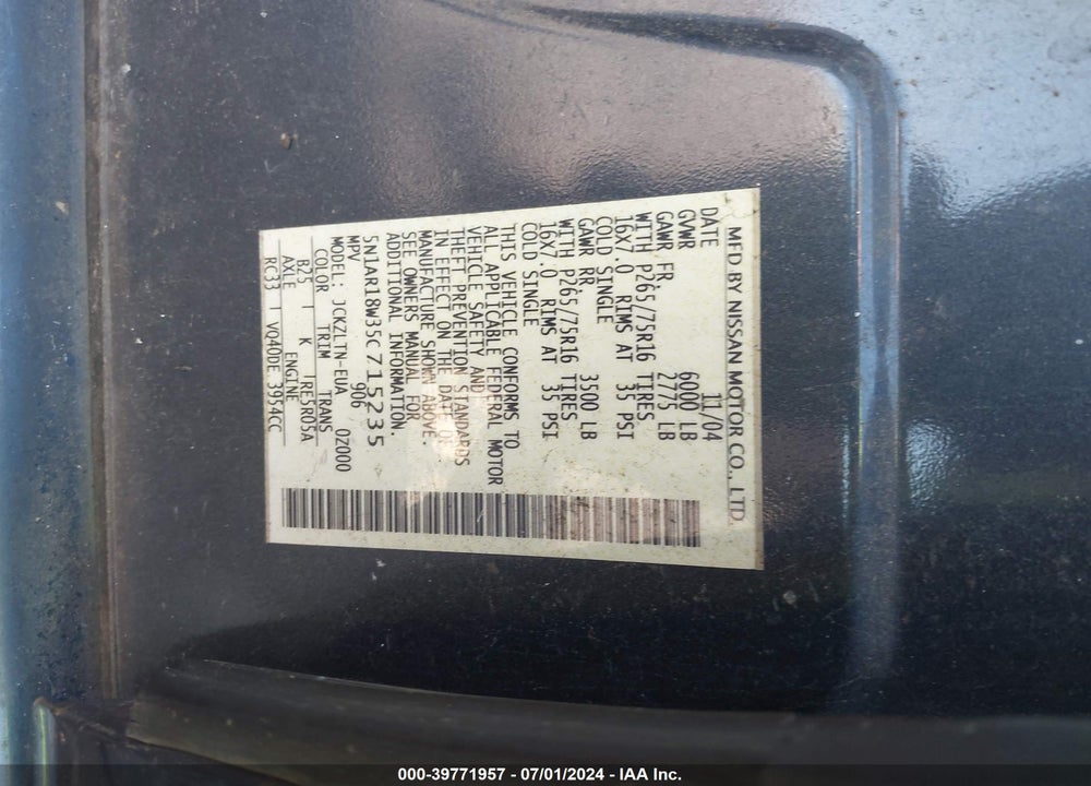 2005 NISSAN PATHFINDER SE OFF ROAD VIN: 5N1AR18W35C715235