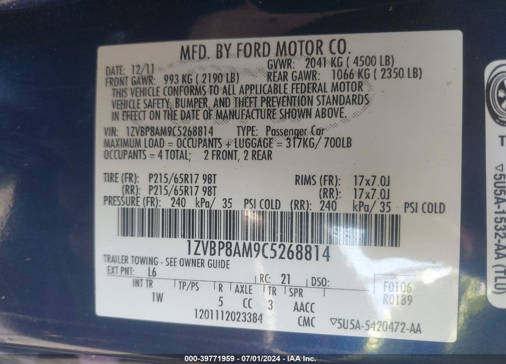 2012 FORD MUSTANG V6 VIN: 1ZVBP8AM9C5268814
