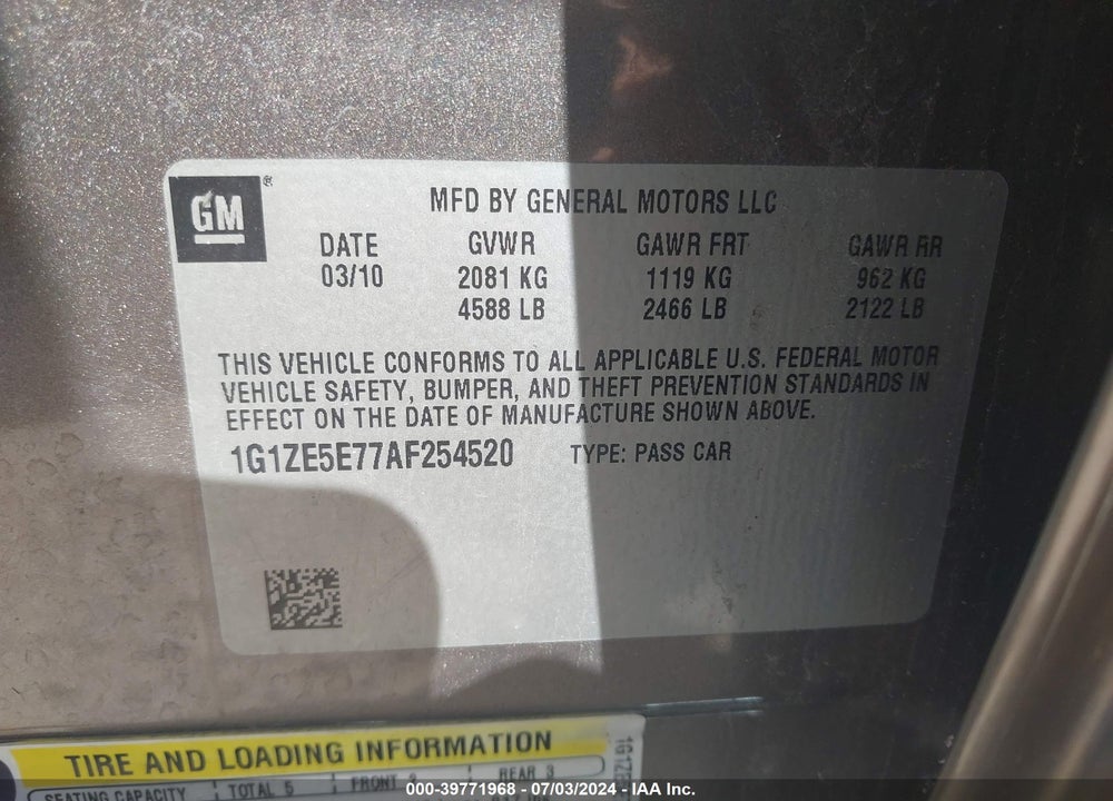 2010 CHEVROLET MALIBU LTZ VIN: 1G1ZE5E77AF254520
