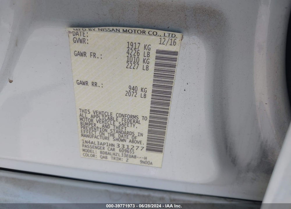 2017 NISSAN ALTIMA 2.5 SR VIN: 1N4AL3AP1HN331277