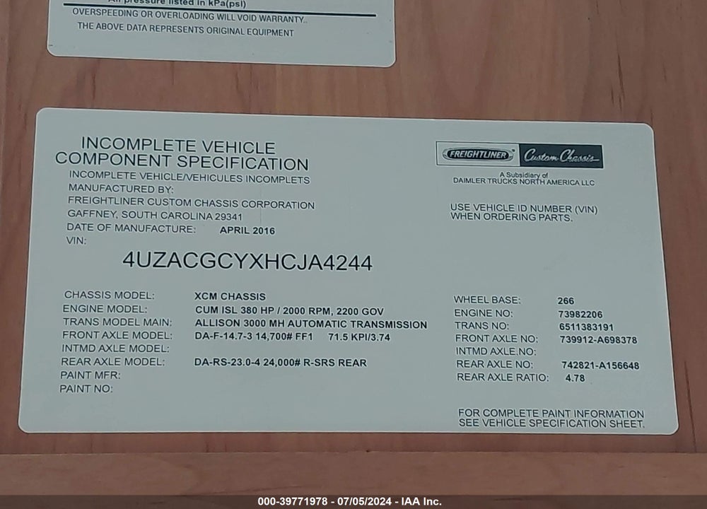 2017 FREIGHTLINER CHASSIS XC VIN: 4UZACGCYXHCJA4244