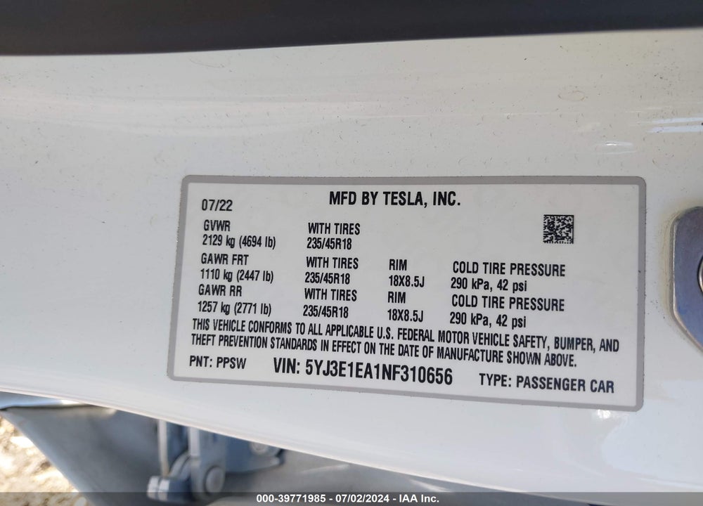 2022 TESLA MODEL 3 REAR-WHEEL DRIVE VIN: 5YJ3E1EA1NF310656