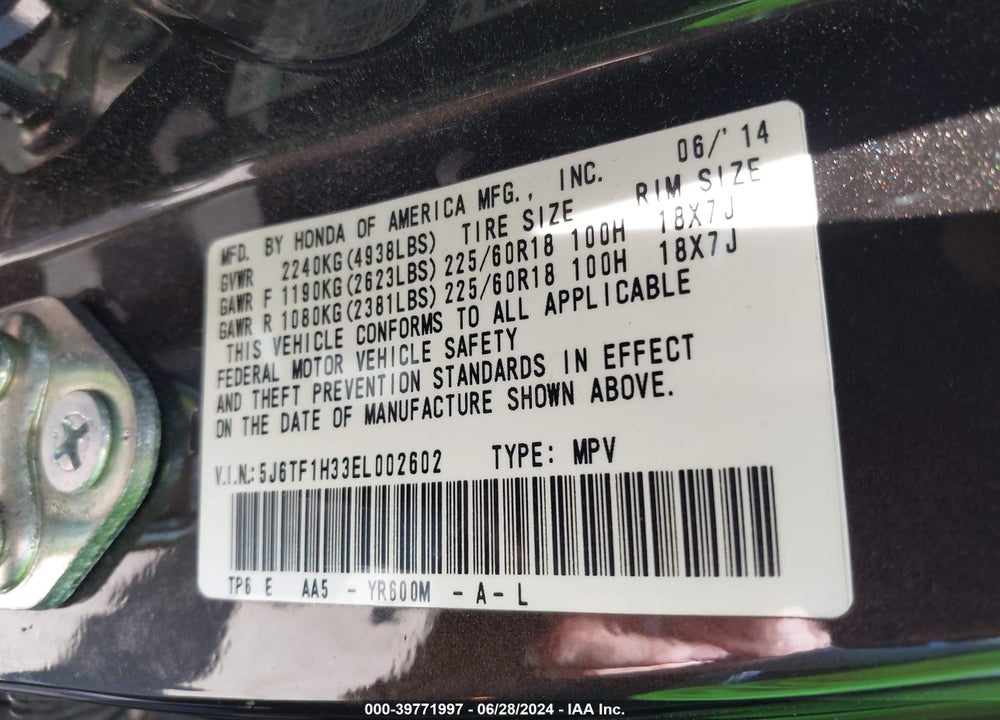 2014 HONDA CROSSTOUR EX V6 VIN: 5J6TF1H33EL002602