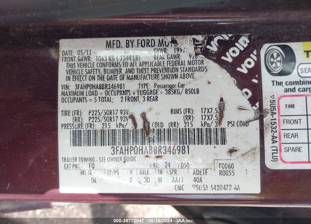 2011 FORD FUSION SE VIN: 3FAHP0HA8BR346981