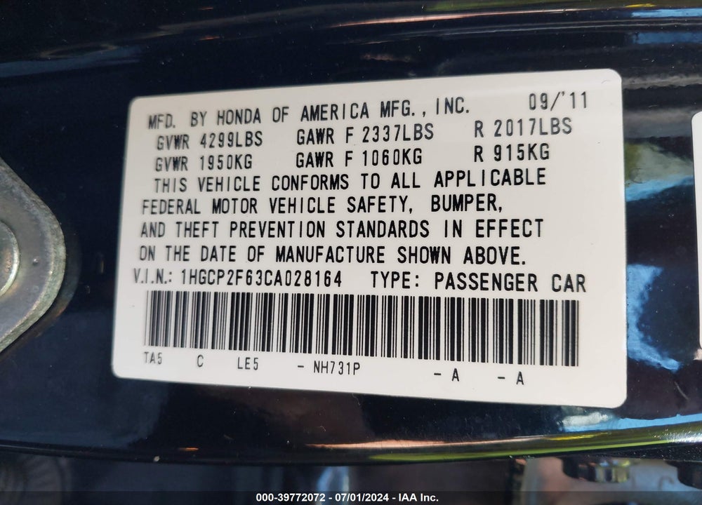 2012 HONDA ACCORD 2.4 SE VIN: 1HGCP2F63CA028164