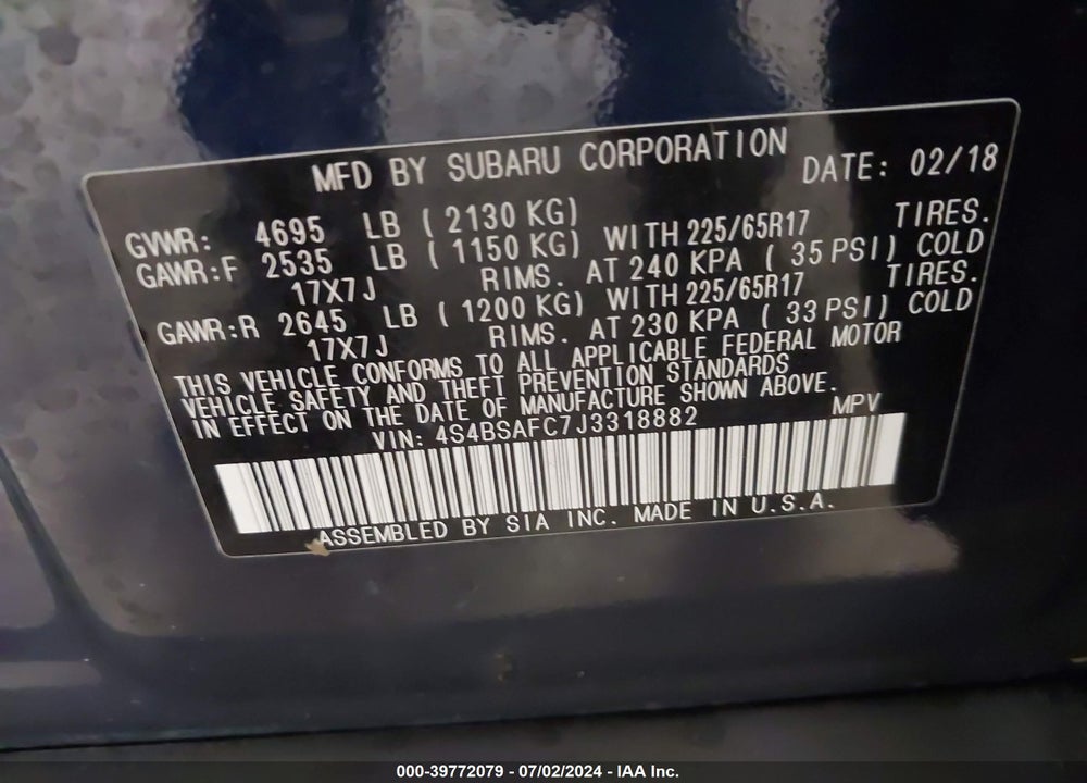2018 SUBARU OUTBACK 2.5I PREMIUM VIN: 4S4BSAFC7J3318882