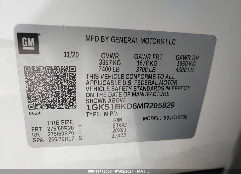 2021 GMC YUKON 2WD SLT VIN: 1GKS1BKD6MR205829