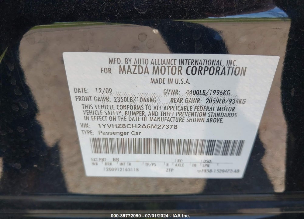 2010 MAZDA 6 I GRAND TOURING VIN: 1YVHZ8CH2A5M27378